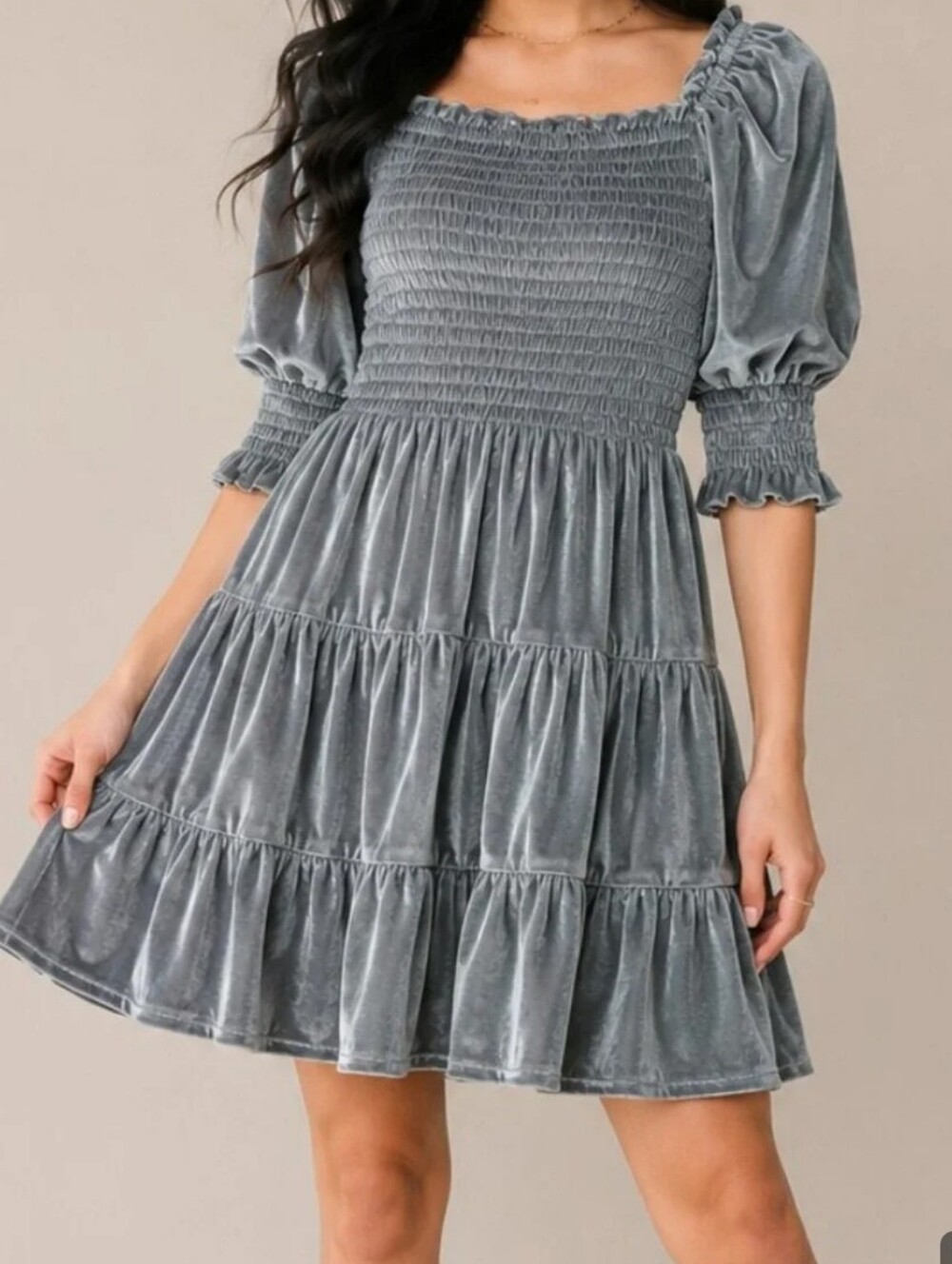 NWT Baltic Born Bliss Tiered Dress Smocked Puff Sleeves Dusty Blue Velvet